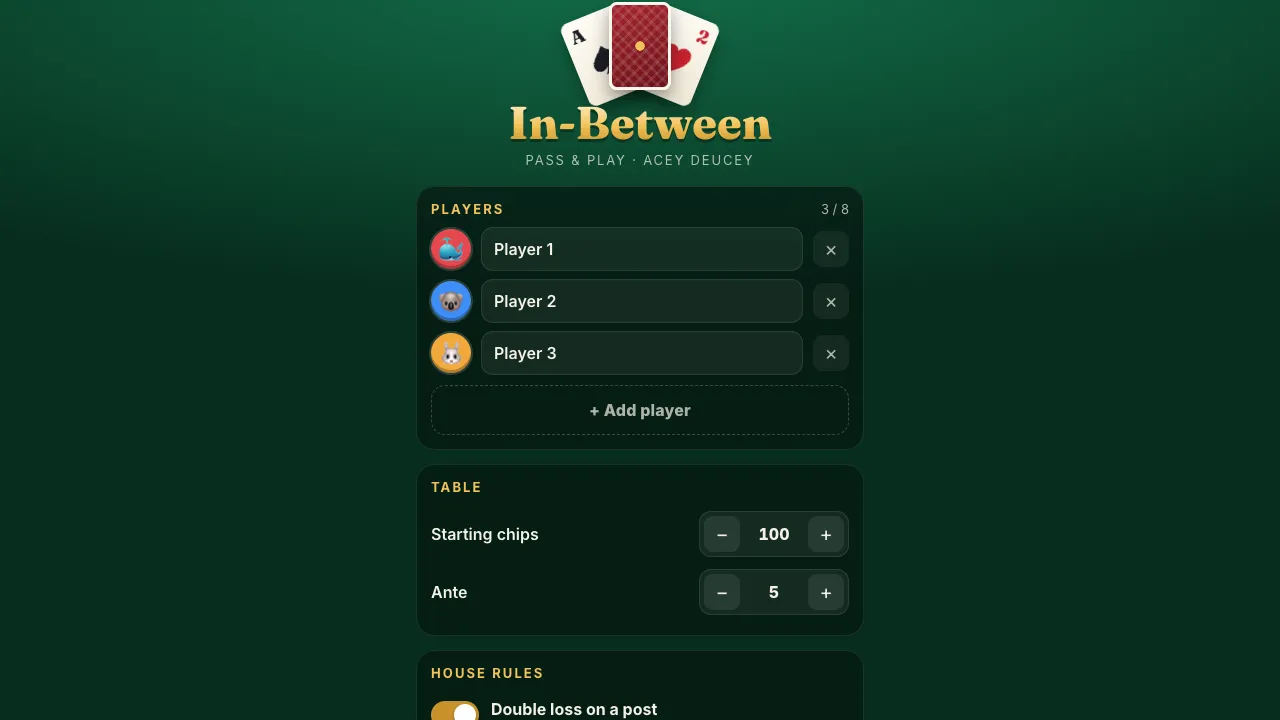 In-Between's setup screen